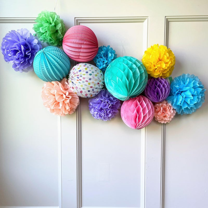 PapaKit Premium Paper Decoration Set - Pom Pom, Honeycomb and Accordion Lantern (Festive Colors) Birthday Party Baby Shower Bride to Be Engagement Wedding Events - Image 2